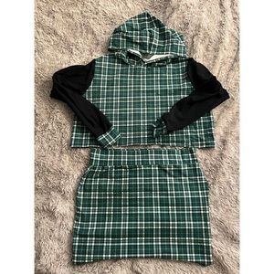 Green plaid hoodie and mini skirt set XL